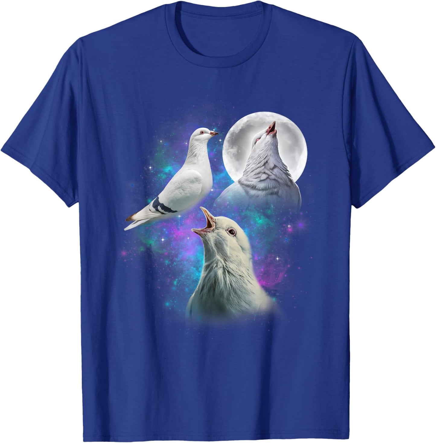 Three White Pigeons Howling At The Moon Funny Pigeon T-Shirt - T-Shirt | Royal