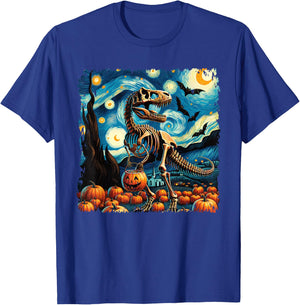 T-Rex Skeleton Halloween Van Gogh Starry Night Fall Pumpkin T-Shirt - T-Shirt | Royal
