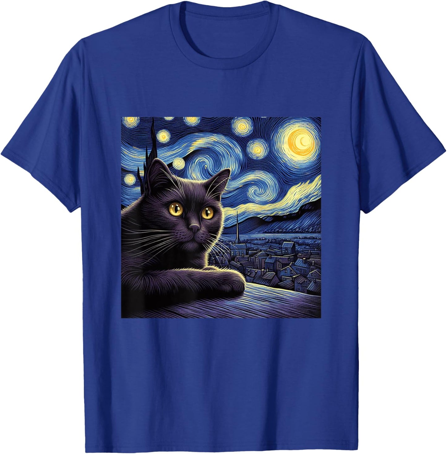 Starry Night Cat Design - Van Gogh Inspired Graphic Men Women Girls Kids T-Shirt - T-Shirt | Royal