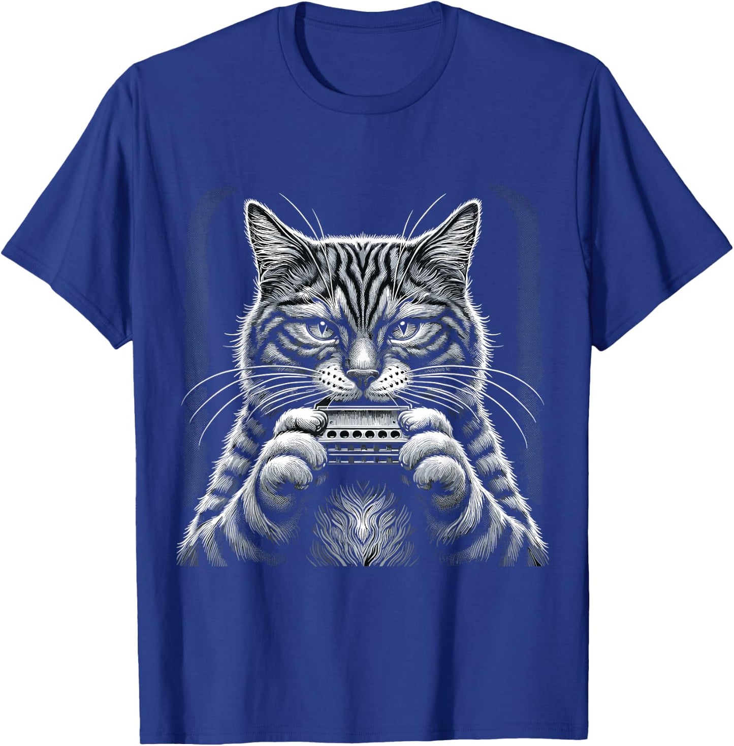 Cat Music Harmonica Player Country Folk Blues Whiskers Tabby T-Shirt - T-Shirt | Royal