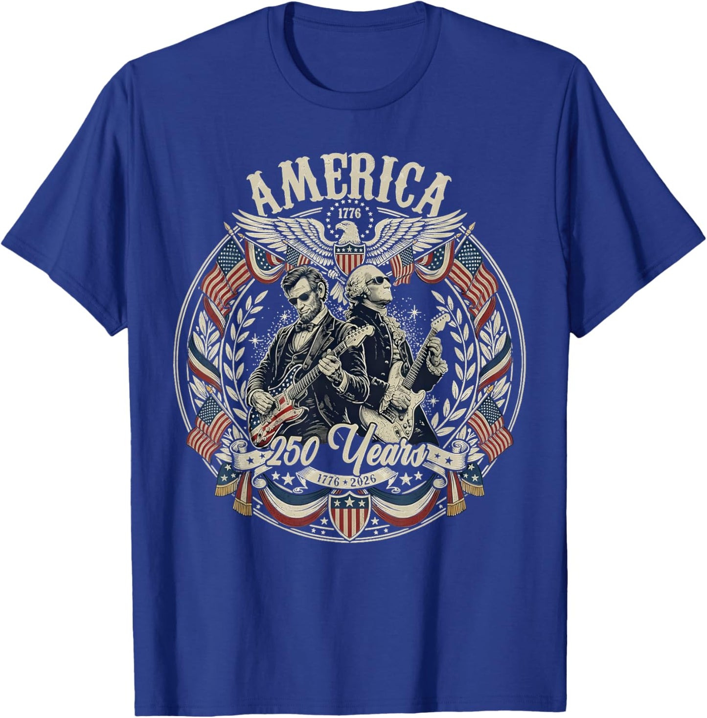 Patriotic George Washington Abe Lincoln Playing Guitar 250th T-Shirt - T-Shirt | Royal