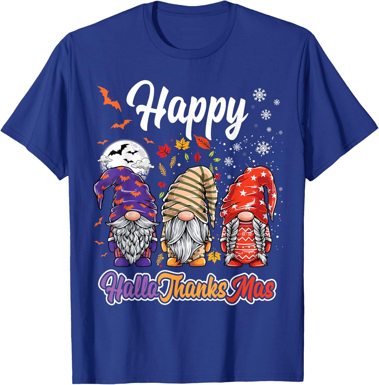 Happy Hallothanksmas Gnomes Halloween Thanksgiving Christmas T-Shirt - T-Shirt | Royal