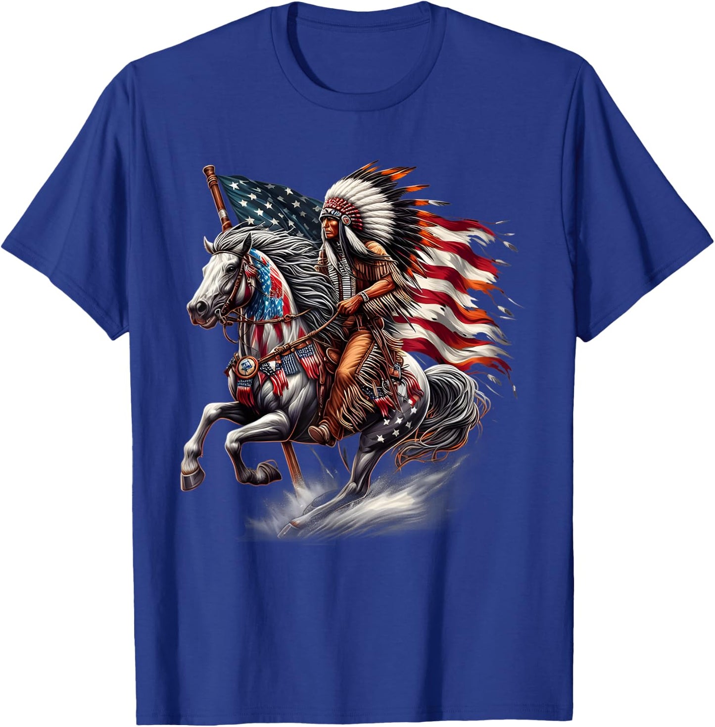 Native American Day Flag Indian Riding Horse 4th of July T-Shirt - T-Shirt | Royal