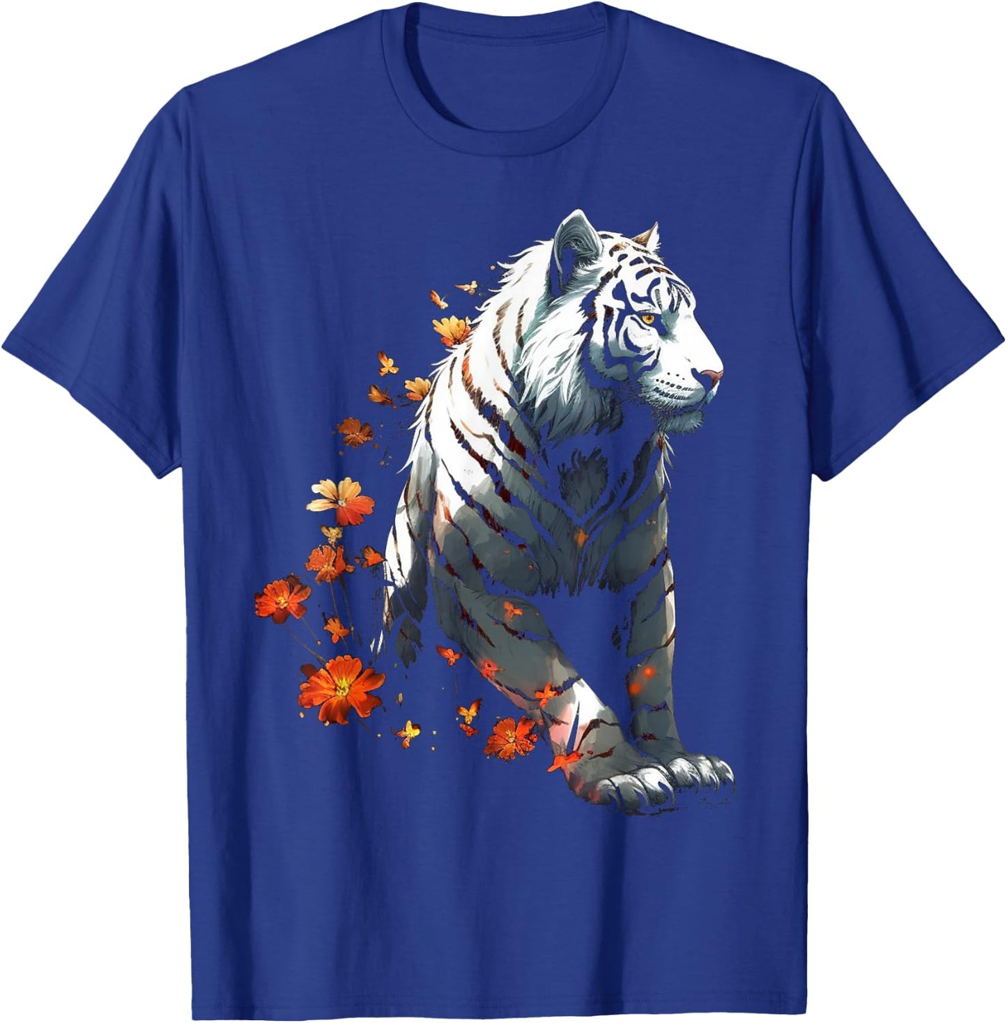 Tiger in White - Flowers Artwork - Animal Art Tiger T-Shirt - T-Shirt | Royal