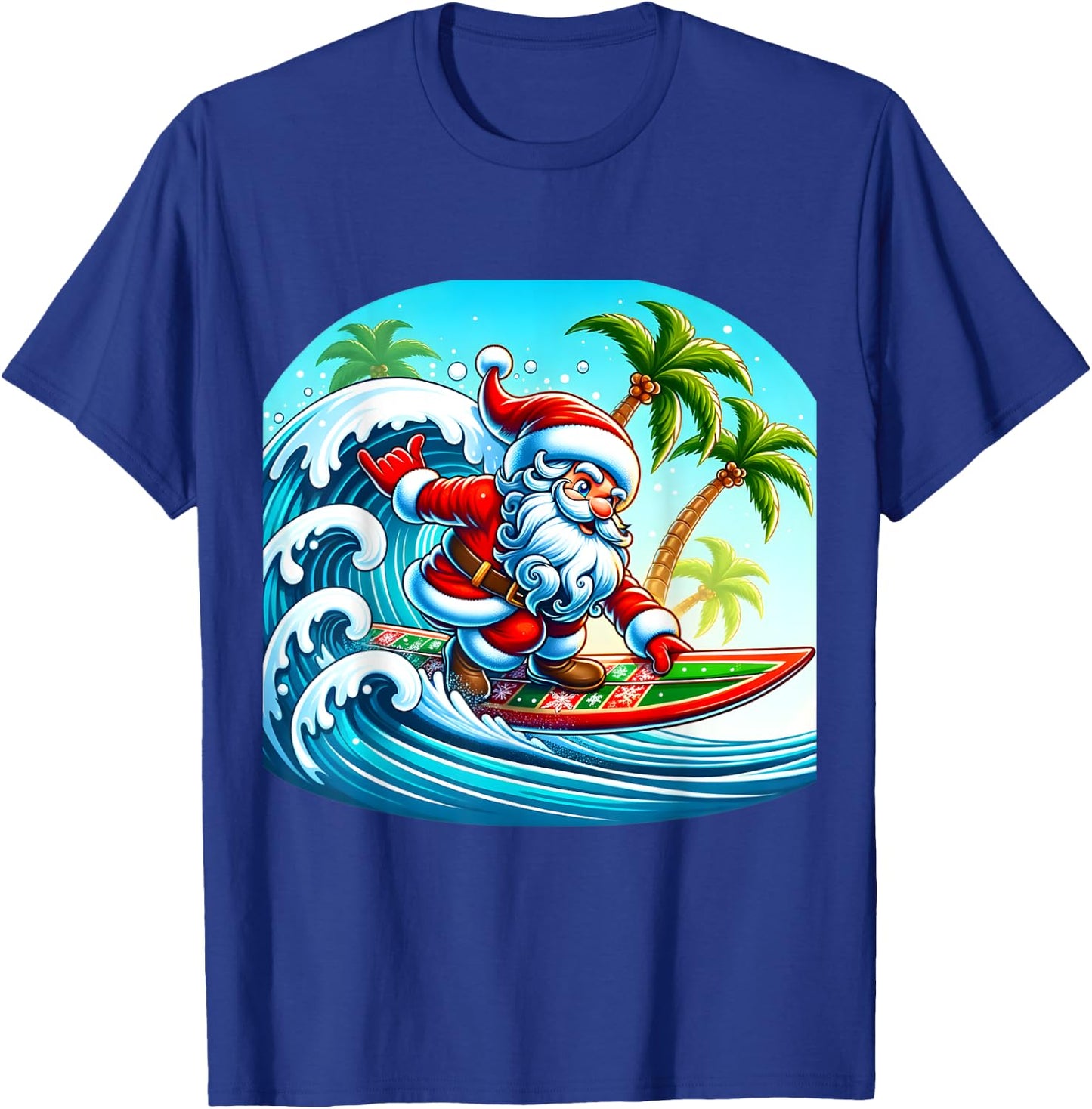 Christmas Surfing Santa Beach Surfboard Palms Women Kids T-Shirt - T-Shirt | Royal
