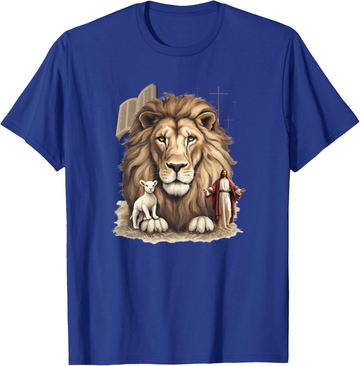 Vintage Jesus Lion Lamb Bible Cross Christian Faith T-Shirt - T-Shirt | Royal