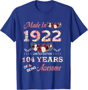 Made in 1922 104 Year of Being Awesome Floral Birthday Women T-Shirt - T-Shirt | Royal