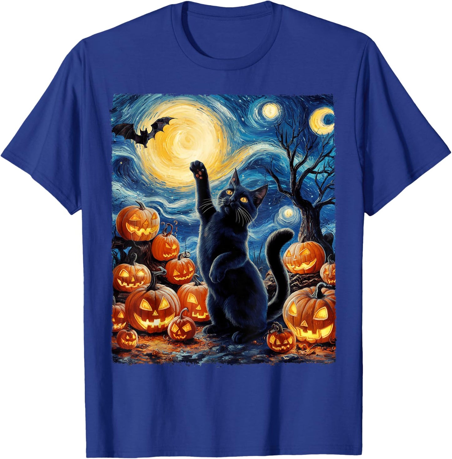 Halloween Cat Van Gogh Starry Night Pumpkin Gifts Men Women T-Shirt - T-Shirt | Royal