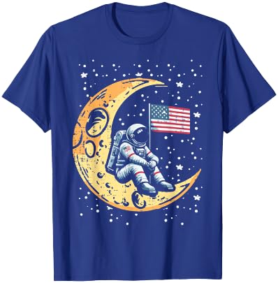 Astronaut Crescent Moon US Flag Space Patriot Men Women Kids T-Shirt - T-Shirt | Royal