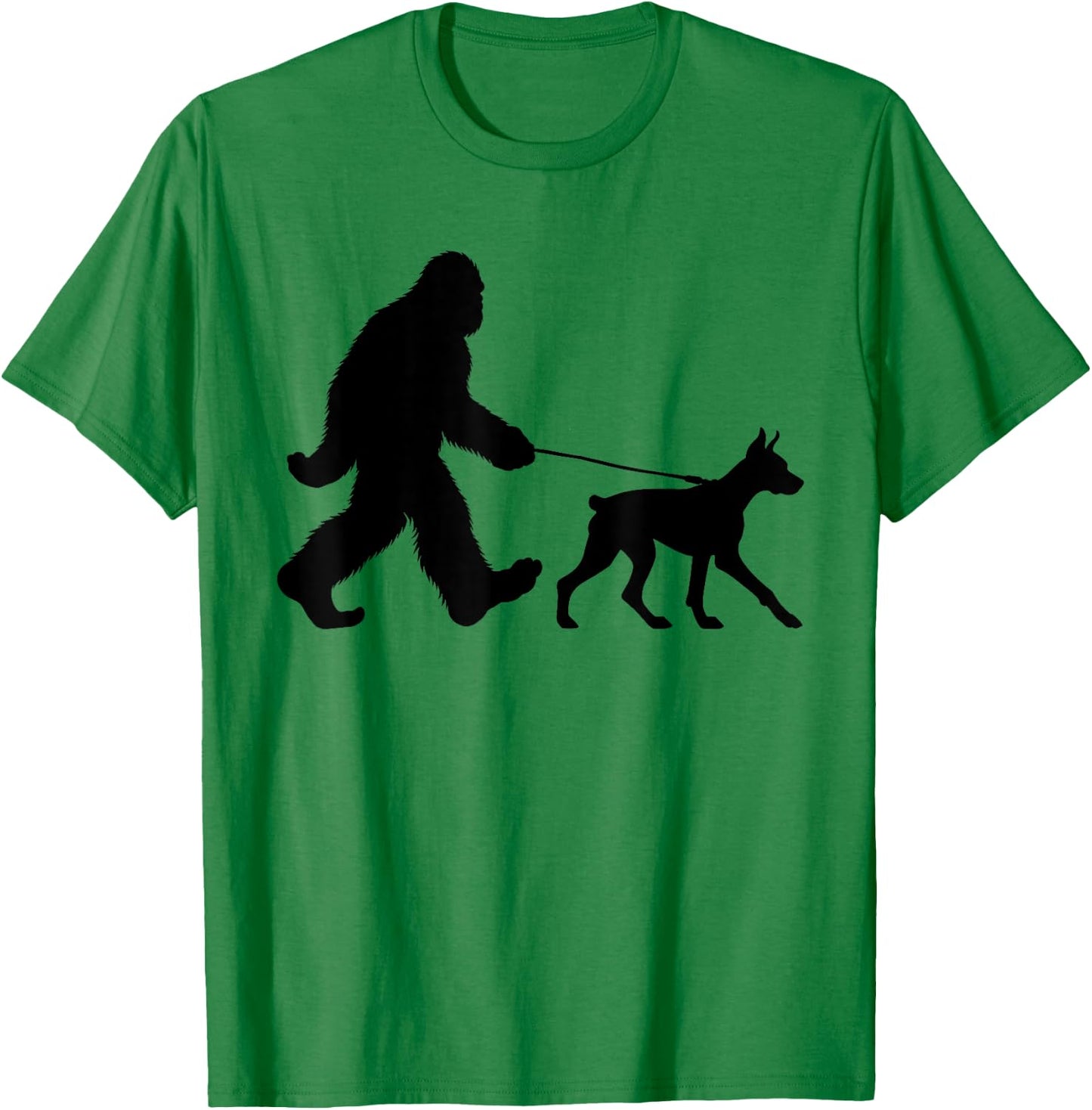 Bigfoot Walking a Dog Funny Doberman Pinscher Lovers Dog Dad T-Shirt - T-Shirt | Irish Green