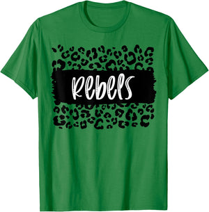 Rebels Team Mascot School Spirit Game Night Leopard Print T-Shirt - T-Shirt | Irish Green
