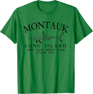 Montauk LI Off The Deep End Shark Fishing Vintage Black T-Shirt - T-Shirt | Irish Green