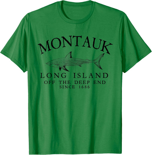 Montauk LI Off The Deep End Shark Fishing Vintage Black T-Shirt - T-Shirt | Irish Green