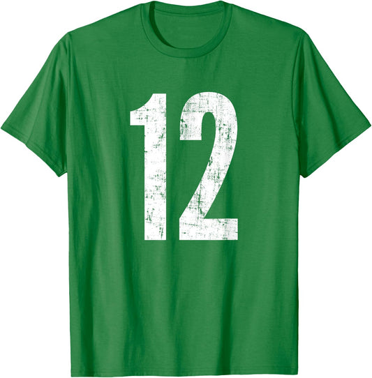 Number 12 Twelve Distressed Vintage Sport Team Player's T-Shirt - T-Shirt | Irish Green