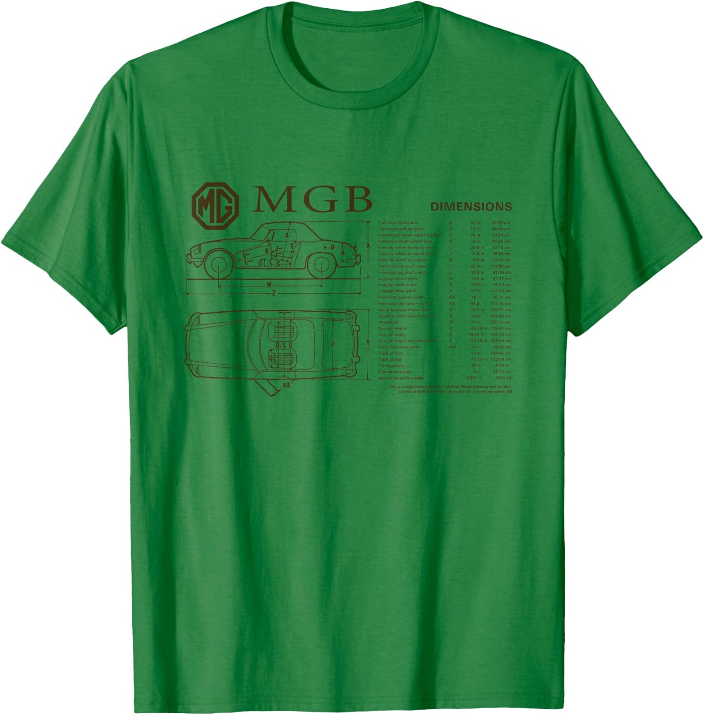 British Motor Heritage MG MGB Car Dimensions T-Shirt - T-Shirt | Irish Green