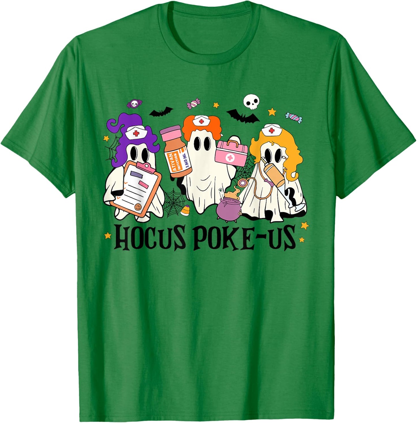 Retro Funny Hocus Poke-us Spooky Nurse Halloween Cute Ghost T-Shirt - T-Shirt | Irish Green