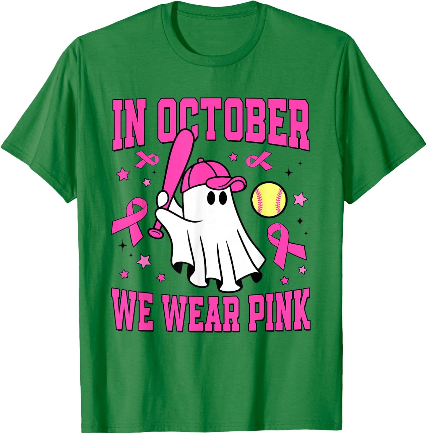 In October We Wear Pink Ghost Softball Funny Breast Cancer T-Shirt - T-Shirt | Irish Green