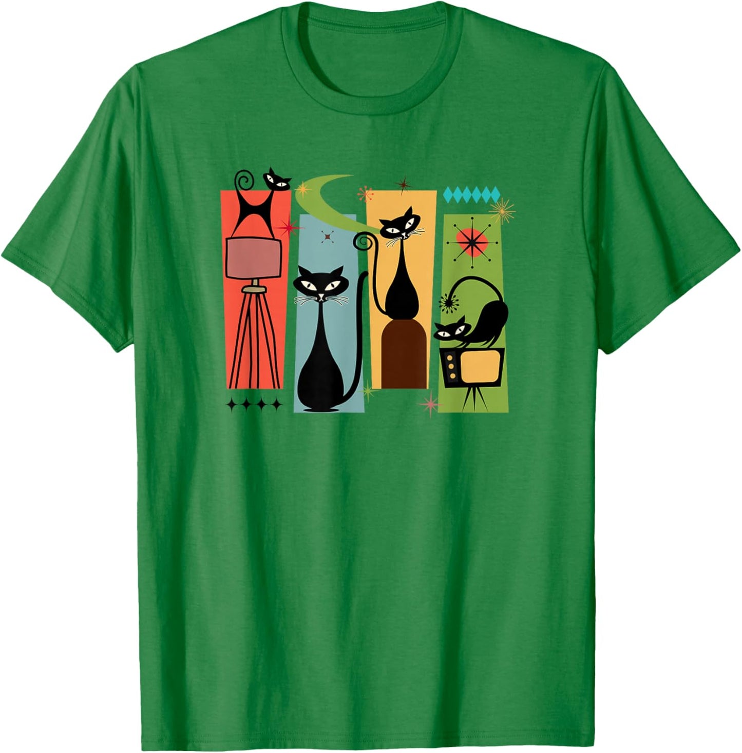Mid Century Modern Look Cats 50s 60s Atomic Age Space Retro T-Shirt - T-Shirt | Irish Green