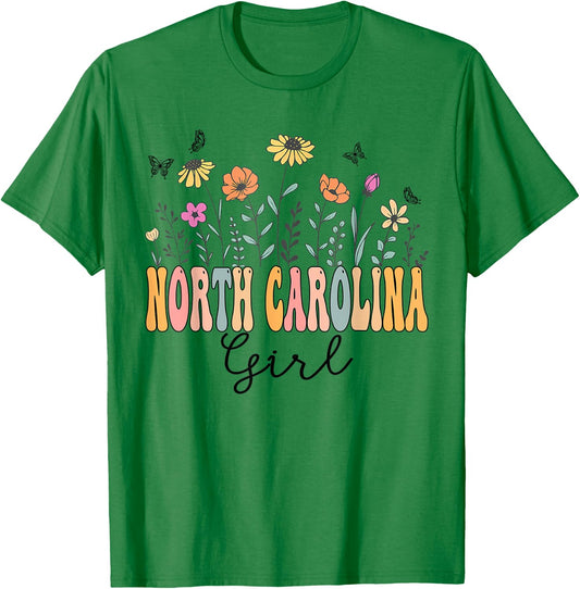 North Carolina Girl Wildflower Groovy North Carolina Lover T-Shirt - T-Shirt | Irish Green