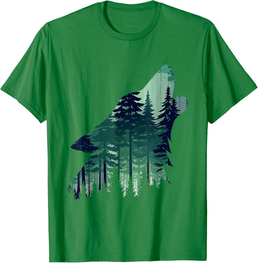 Landscape Animal Art Nature Forest Hiking Howling Wolf T-Shirt - T-Shirt | Irish Green