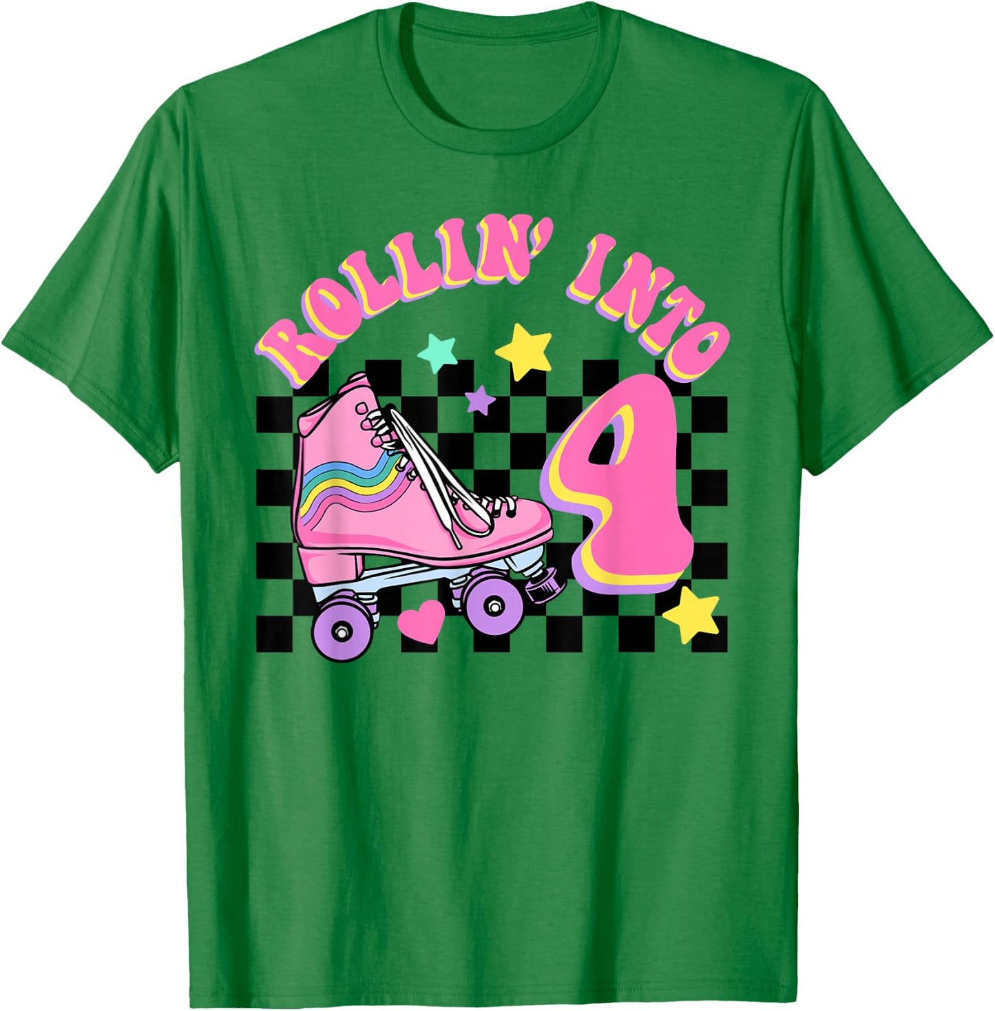 Rolling Into 4 Years Old Skater Groovy Birthday Girls Kids T-Shirt - T-Shirt | Irish Green