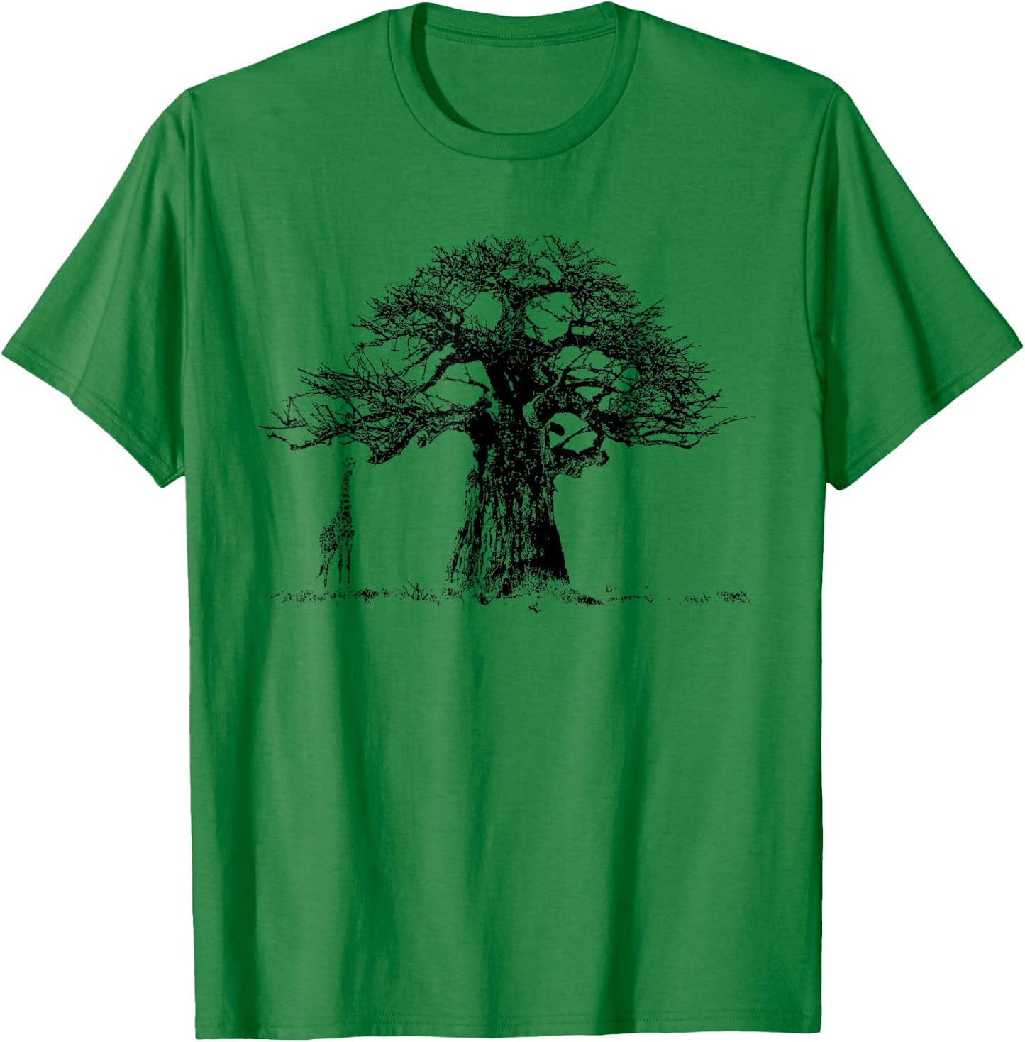 Baobab Tree and Giraffe Artwork in Graphic Monochrome T-Shirt - T-Shirt | Irish Green