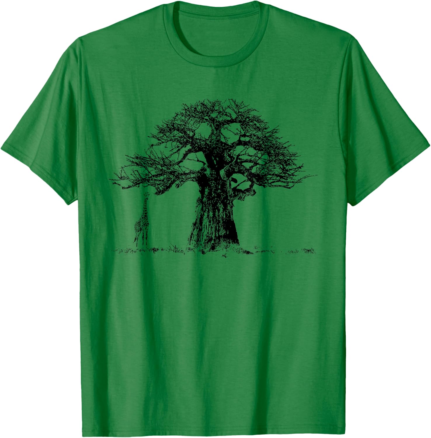 Baobab Tree and Giraffe Artwork in Graphic Monochrome T-Shirt - T-Shirt | Irish Green