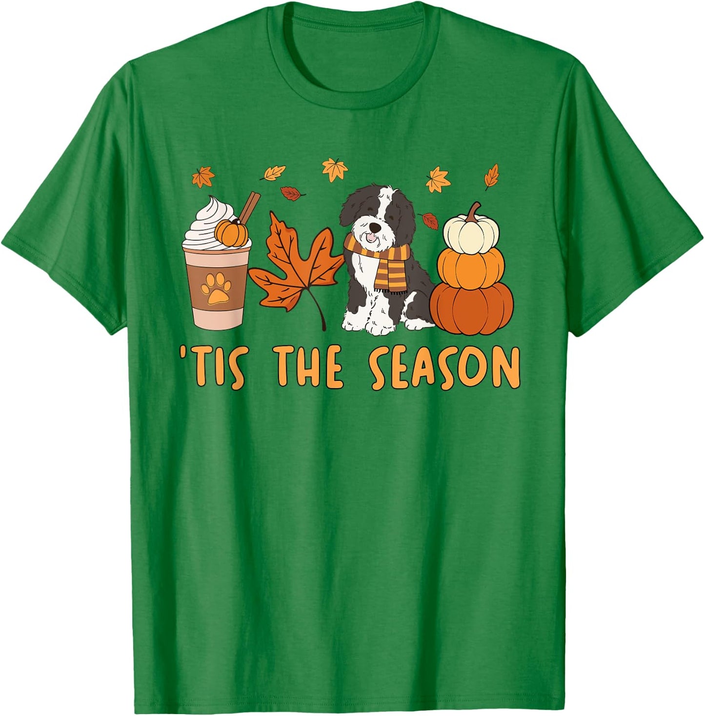 Tis The Season Sheepadoodle Dog Fall Autumn Pumpkin Coffee Women Kids T-Shirt - T-Shirt | Irish Green