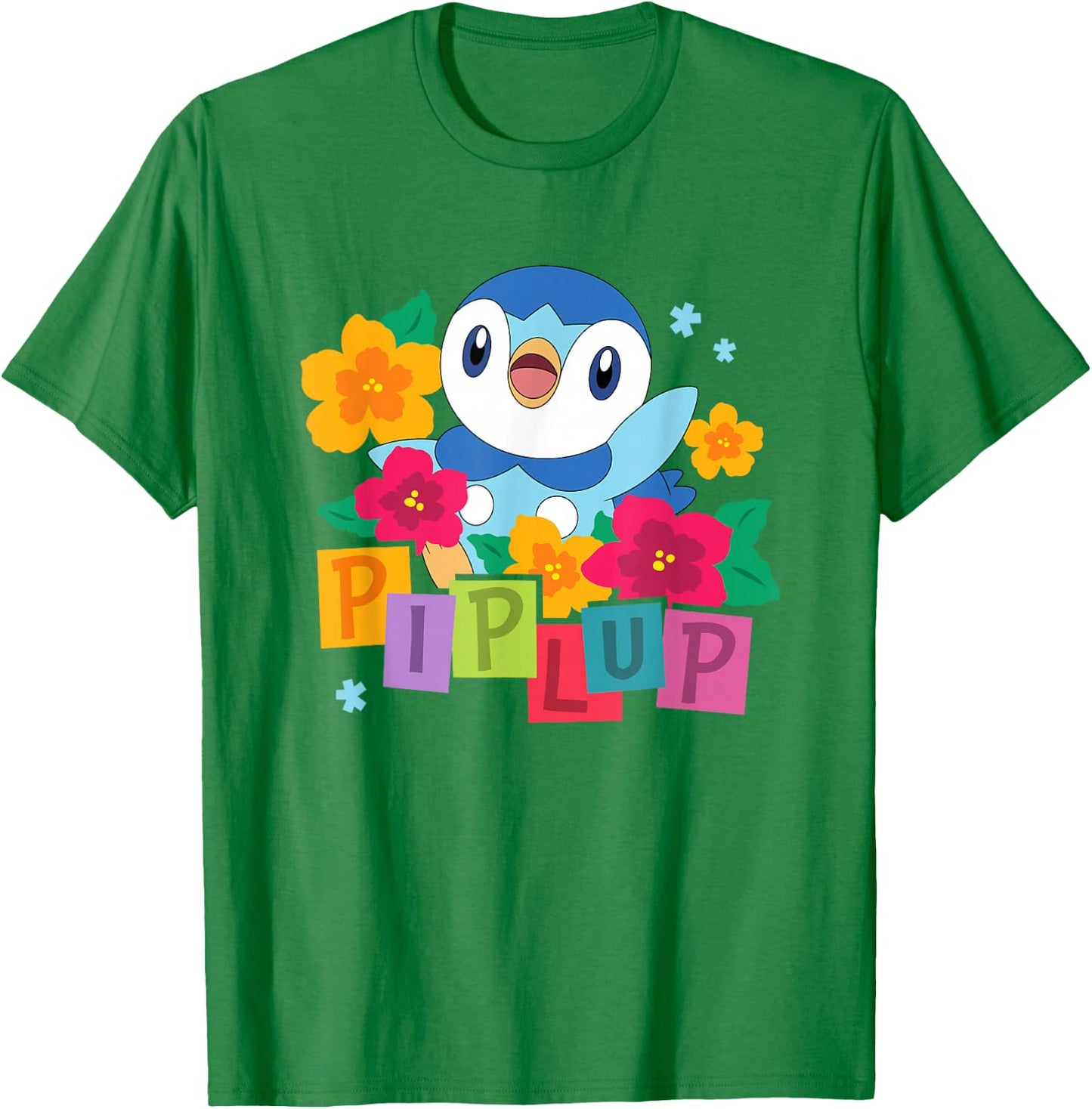 Pokémon Cute Happy Piplup Big Chest Colorful Floral Poster T-Shirt - T-Shirt | Irish Green