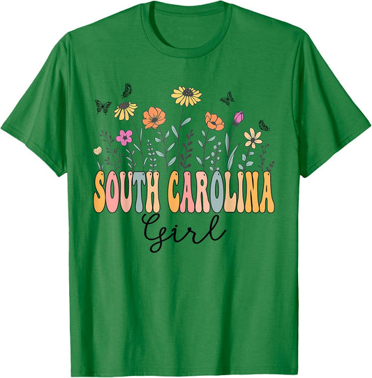 South Carolina Girl Wildflower Groovy South Carolina Lover T-Shirt - T-Shirt | Irish Green