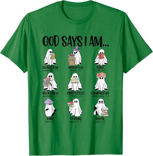 God Says I Am Cute Ghost Book Bookworm Halloween Women Men T-Shirt - T-Shirt | Irish Green