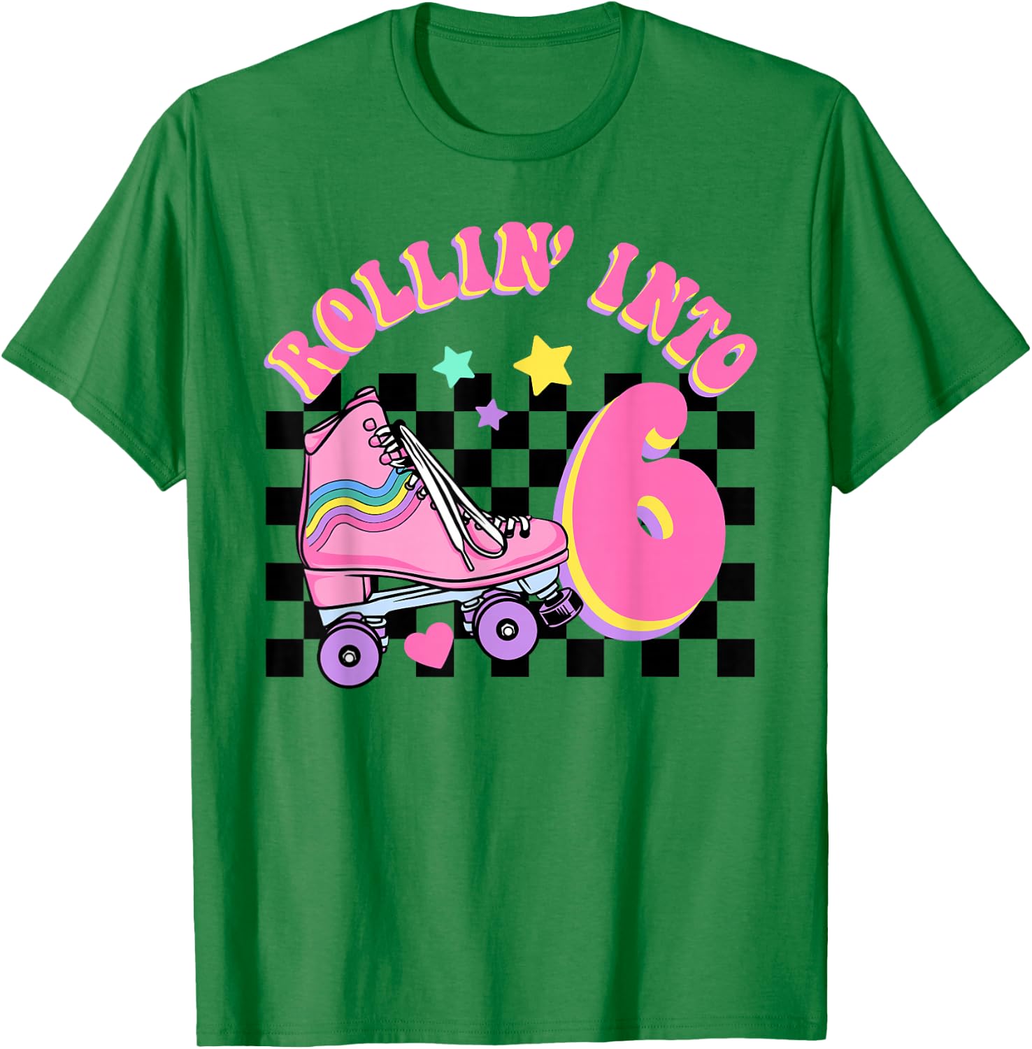 Rolling Into 6 Years Old Skater Groovy Birthday Girls Kids T-Shirt - T-Shirt | Irish Green