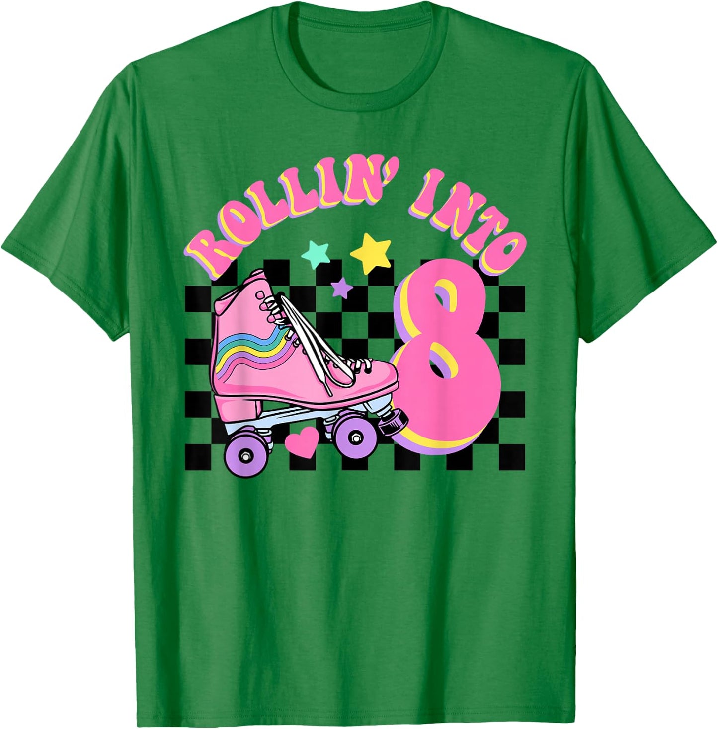 Rolling Into 8 Years Old Skater Groovy Birthday Girls Kids T-Shirt - T-Shirt | Irish Green