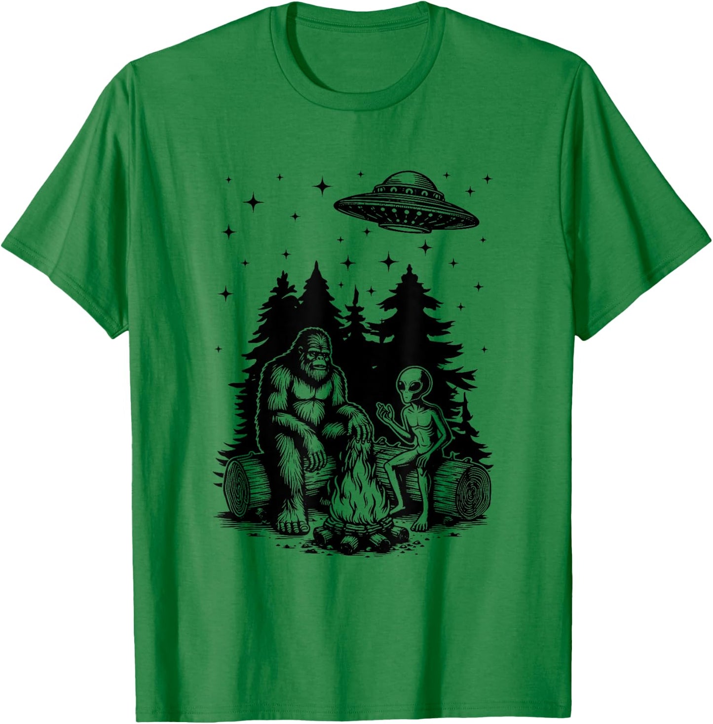 Alien And Bigfoot Campfire Sasquatch UFO For Outdoor Lovers T-Shirt - T-Shirt | Irish Green