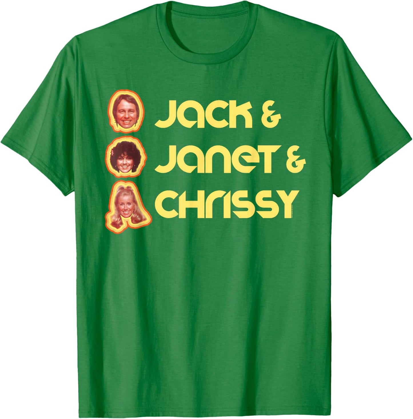 Jack & Janet & Chrissy Three's Company Roommate Faces Retro T-Shirt - T-Shirt | Irish Green