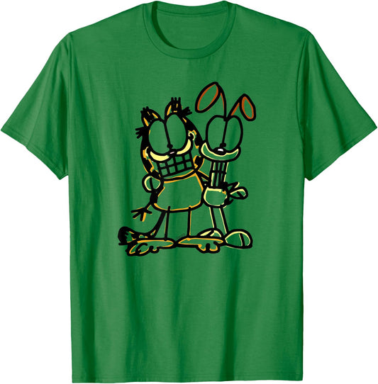 Garfield Sketch Garfiled and Odie Cartoon Cat and Dog T-Shirt - T-Shirt | Irish Green