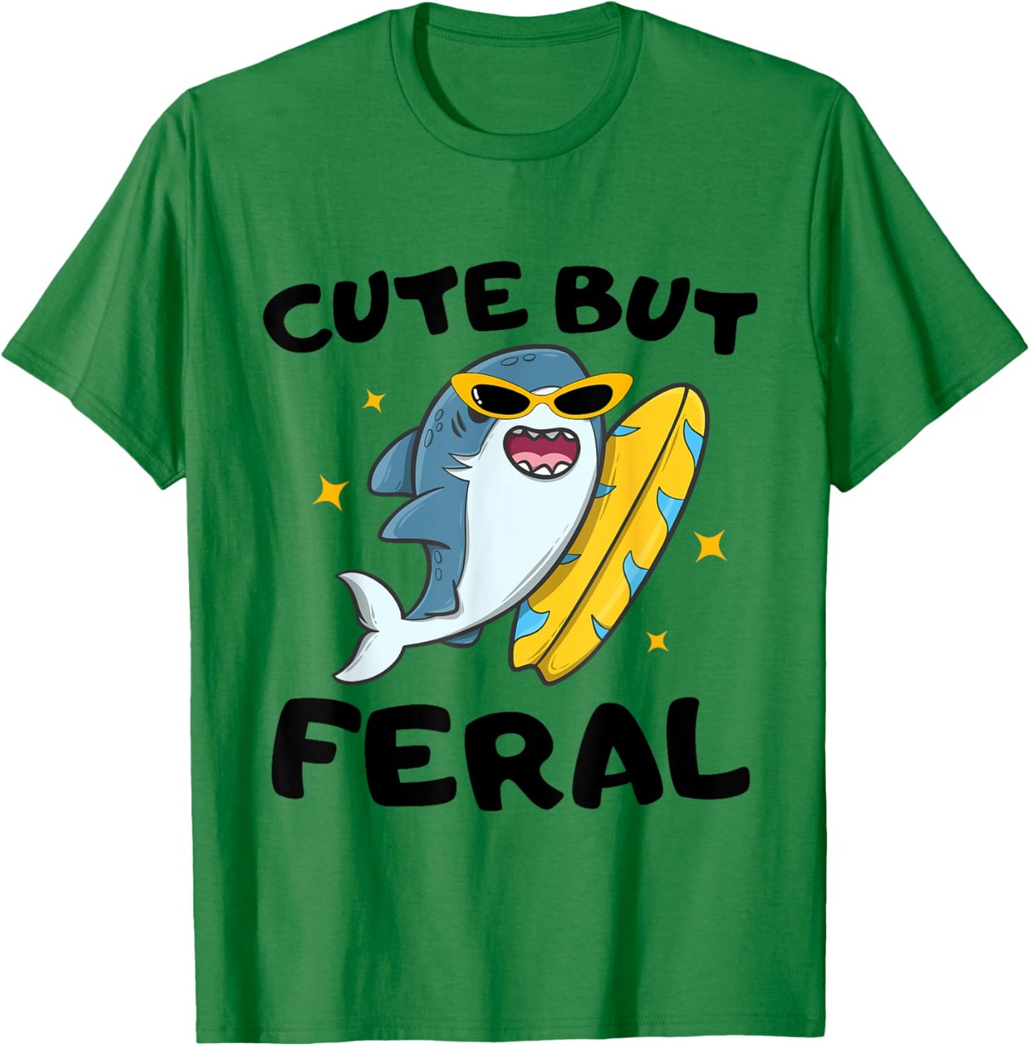 Cute But Feral Funny Colorful shark With Sunglasses shark T-Shirt - T-Shirt | Irish Green