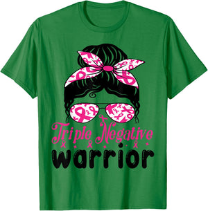 Triple Negative Warrior messy bun Breast Cancer Awareness T-Shirt - T-Shirt | Irish Green