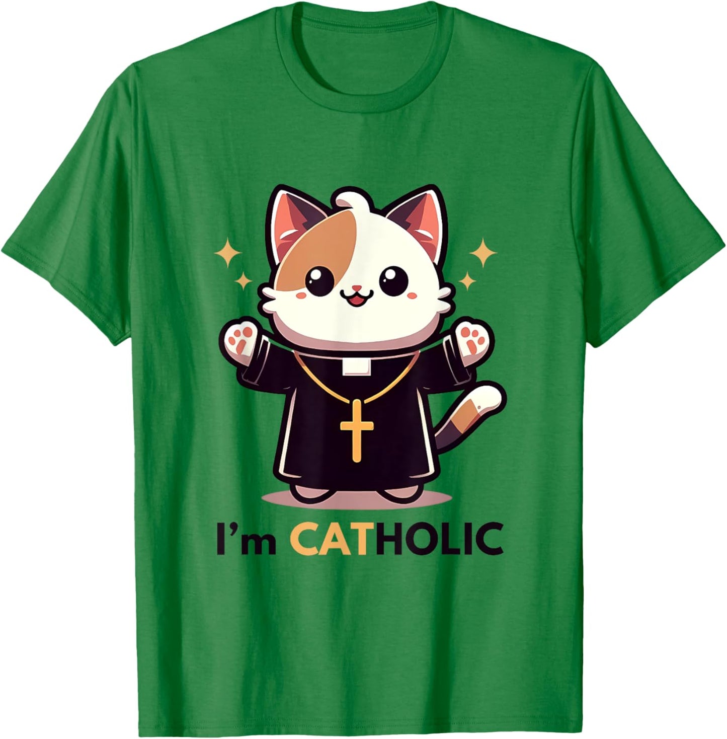 Cat-holic. Funny Catholic. Cute Priest Cat with Cross Men Women Girls Kids T-Shirt - T-Shirt | Irish Green