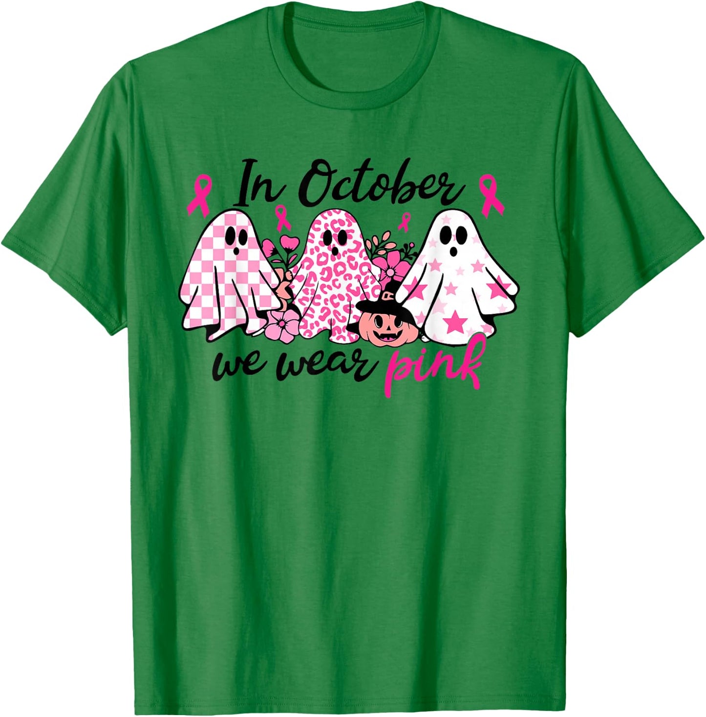 In October We Wear Pink Ghost Breast Cancer Halloween T-Shirt - T-Shirt | Irish Green
