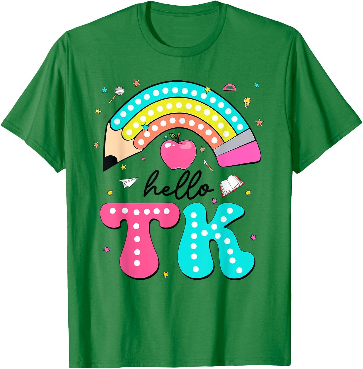 Hello TK Colorful Pencil Rainbow Back To School T-Shirt - T-Shirt | Irish Green