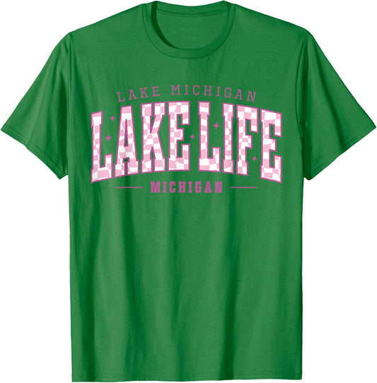 Lake Life Checkerboard Michigan Lake Summer Vacation Babe T-Shirt - T-Shirt | Irish Green