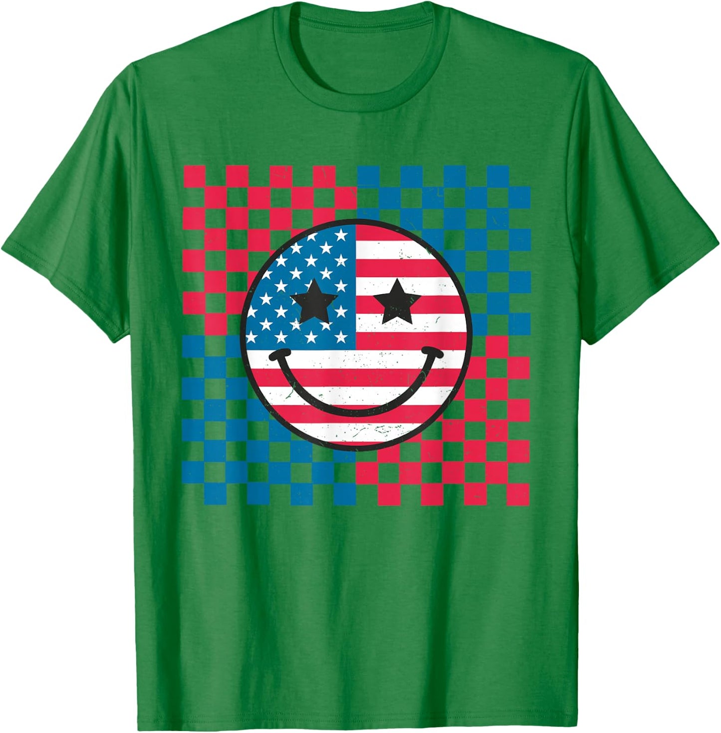 USA Checkerboard 4th Of July Happy Face American Girls Kids Men T-Shirt - T-Shirt | Irish Green