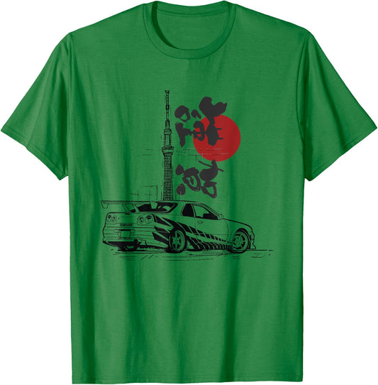 90's Japan Legend R34 Skyline Drift King Car Enthusiast T-Shirt - T-Shirt | Irish Green