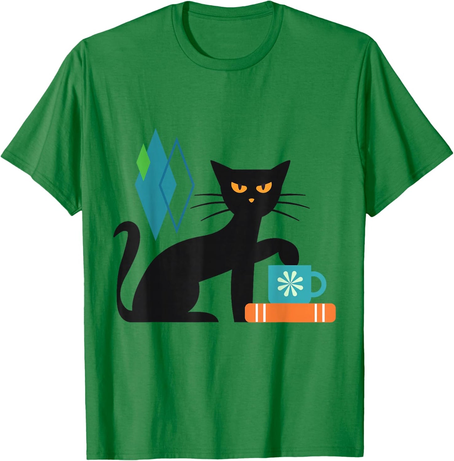 Cat Midcentury With Book and Coffee Atomic Age Mid Century T-Shirt - T-Shirt | Irish Green