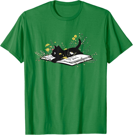 Cute Book Black Cat Book Lover Floral Teacher Life Women T-Shirt - T-Shirt | Irish Green