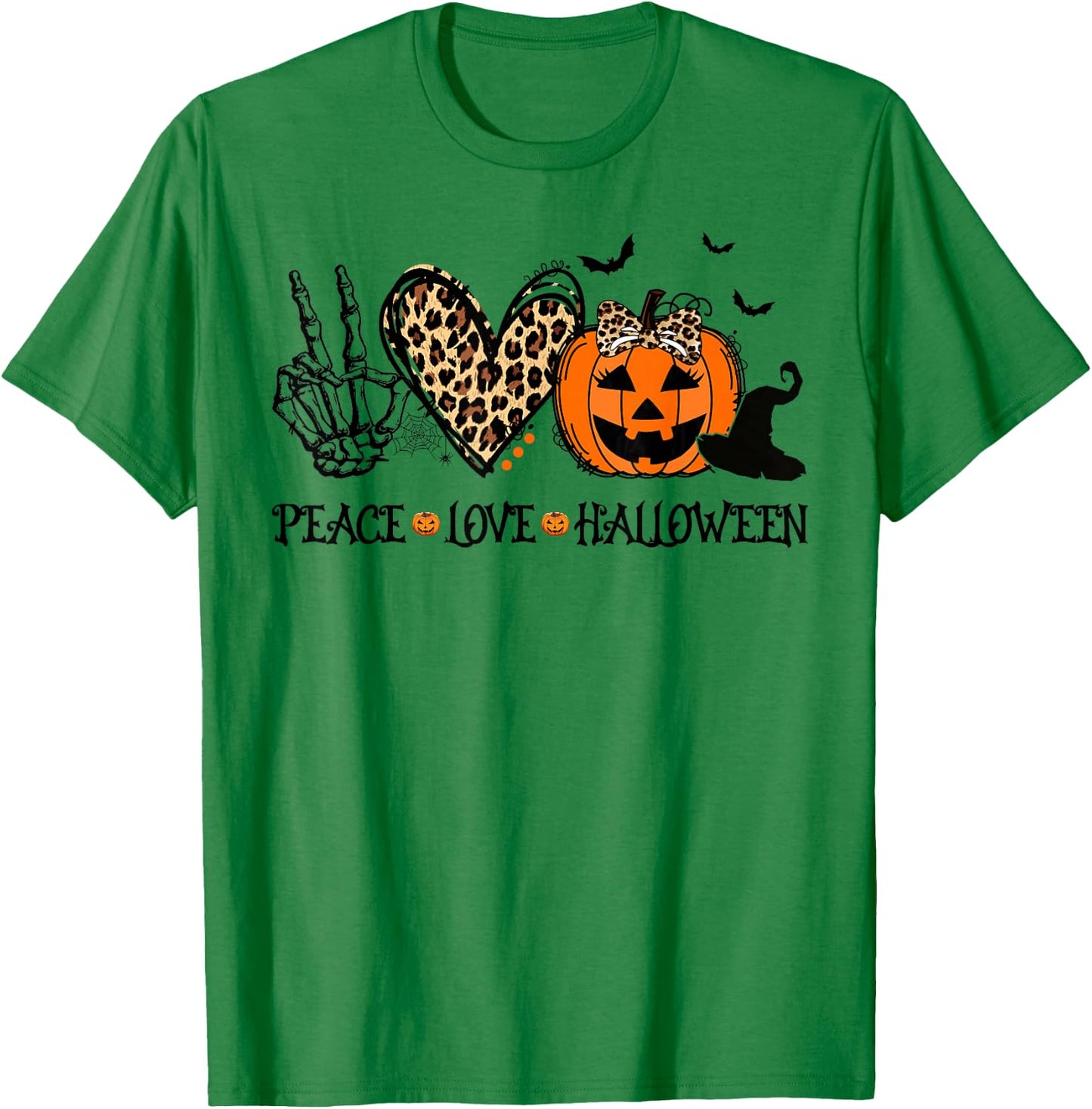 Peace Love Halloween Happy Halloween Pumpkin Leopard Heart T-Shirt - T-Shirt | Irish Green