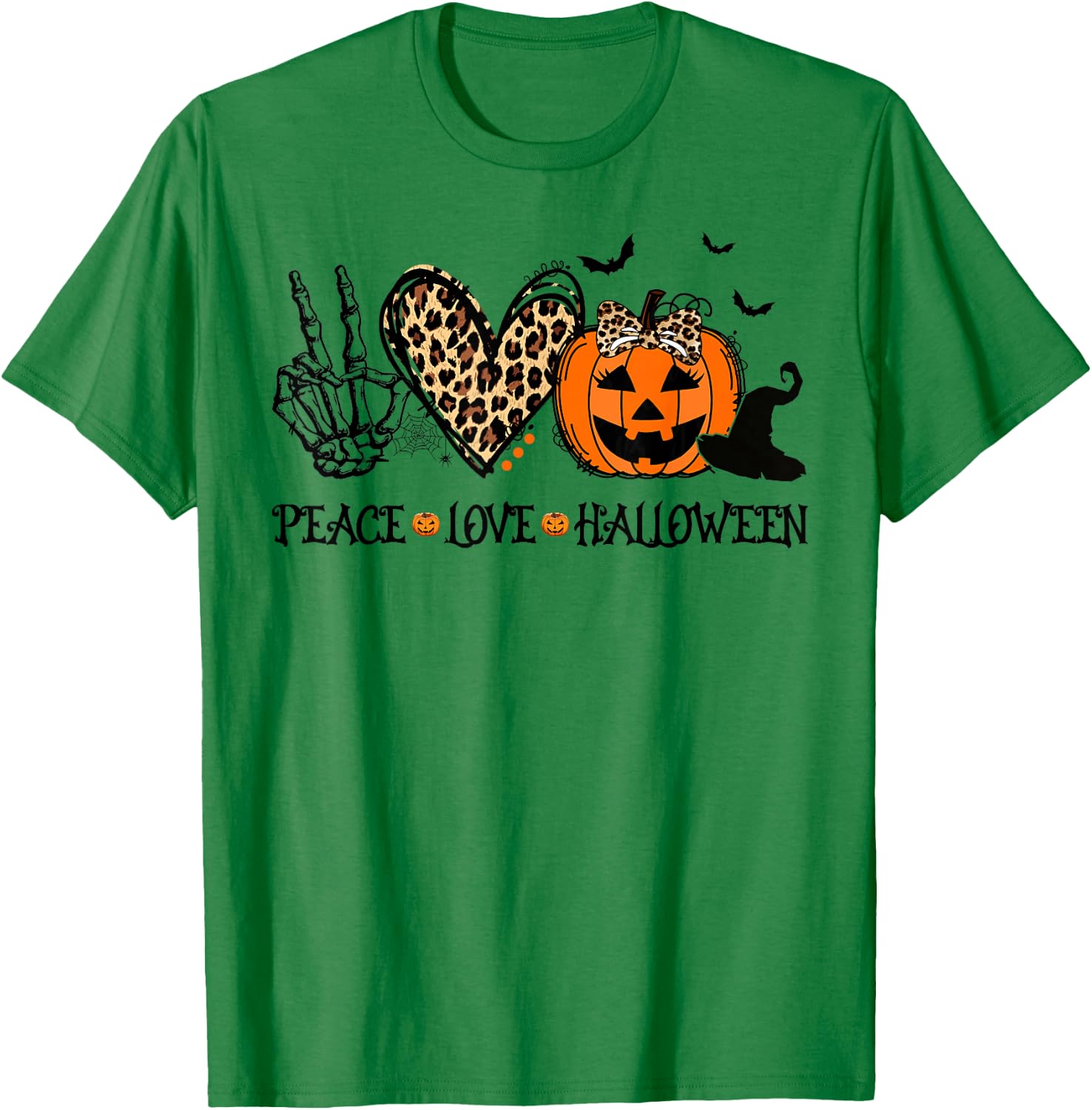 Peace Love Halloween Happy Halloween Pumpkin Leopard Heart T-Shirt - T-Shirt | Irish Green