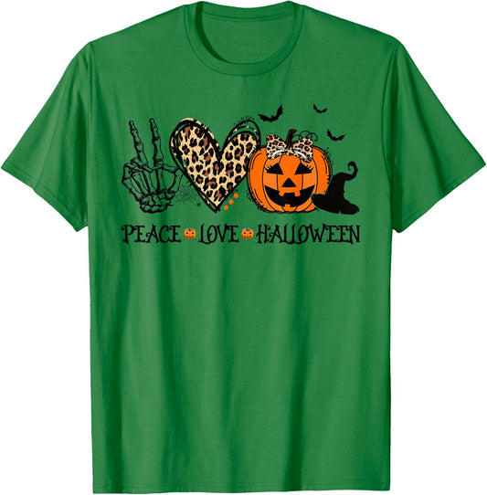 Peace Love Halloween Happy Halloween Pumpkin Leopard Heart T-Shirt - T-Shirt | Irish Green