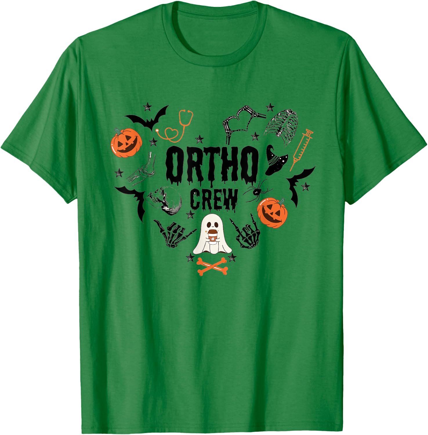 Ortho Crew Halloween Pumpkin Orthopedic Nurse Skeleton Hand T-Shirt - T-Shirt | Irish Green